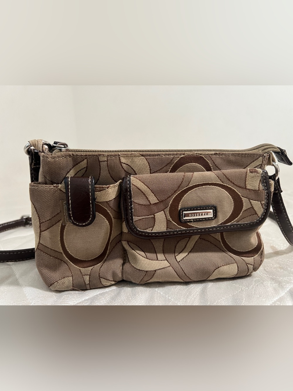 Rosetti Brown Patterned Crossbody Bag with Front Pocket
